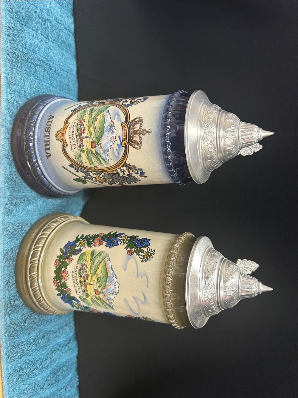 Pair of Austria Ceramic Beer Stein with Decorative Lid - Blue and Beige